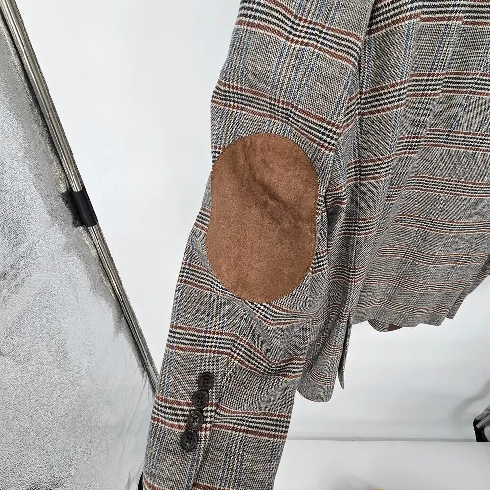 Crown & Ivy Brown Blue Plaid Cotton Two Button Elbow Patch Blazer Jacket Men 46R
